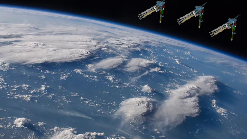 A rendering of three INCUS satellites overflying convective storms on Earth