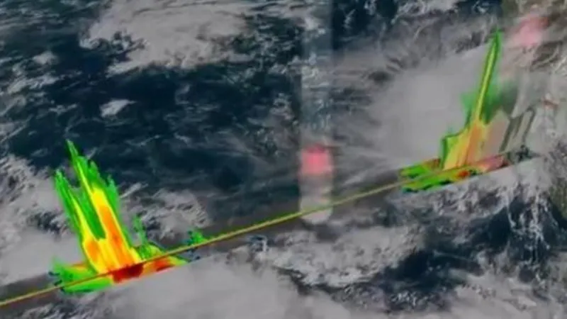A rendering of three INCUS satellites showing them passing over convective storms, with radar profiles, over earth. 