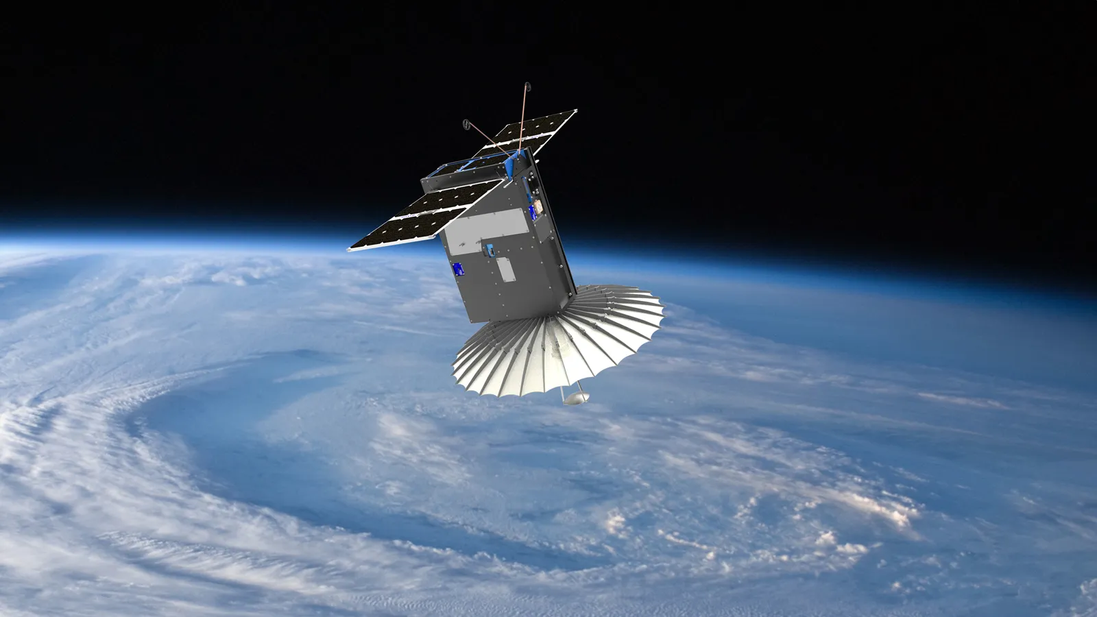 An illustration of the RainCube Satellite over earth